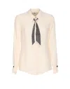 Elisabetta Franchi Casual Georgette Collared Neck Top With Logo Scarf In Neutral