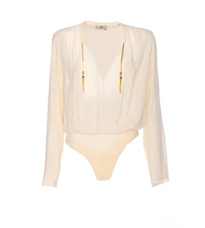 Elisabetta Franchi Draped V-neck Bodysuit Gold Chain In Orange