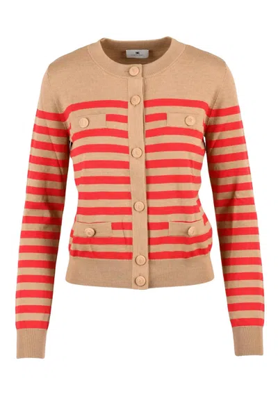 Elisabetta Franchi Short Crew Neck Cardigan - Beige/red In Nude