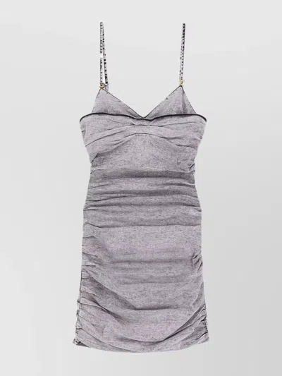 Elisabetta Franchi Short Denim Dress With Metal Shoulder Straps In Grey