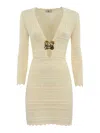 Elisabetta Franchi Knee Length Dress With V-neck And Crochet Detailing In Neutral