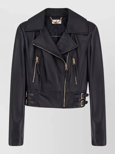 Elisabetta Franchi Short Leather Jacket Zip Pockets Collar In Black