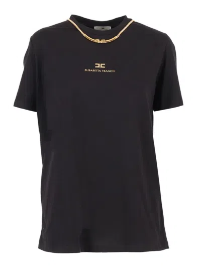 Elisabetta Franchi Short Sleeve Cotton Top With Classic Neckline In Black
