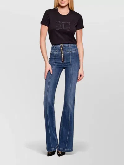 Elisabetta Franchi Short Sleeve Crew Neck Nylon Silk Top In Blue