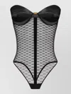 Elisabetta Franchi Shoulder Bare Bodysuit Mesh Panel Geometric In Black