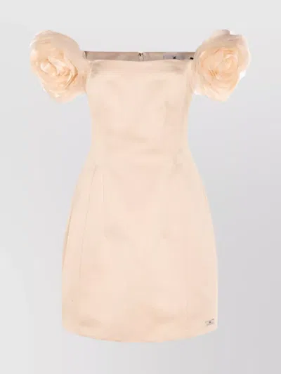 Elisabetta Franchi Shoulder-baring Fitted Mini Dress With Floral Embellishments In Brown