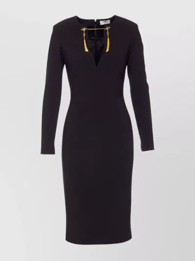Elisabetta Franchi Shoulder Reinforced V-neckline Midi Dress With Split In Black