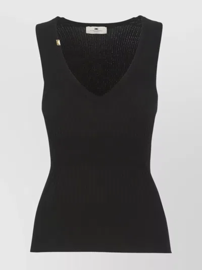 Elisabetta Franchi Silhouette Enhancing Ribbed V-neck Top In Black