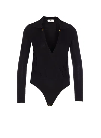 Elisabetta Franchi Silk And Viscose Knit Bodysuit With Chain In Black