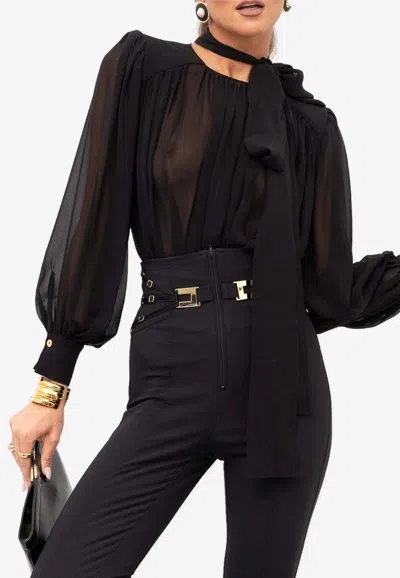 Elisabetta Franchi Silk Bodysuit Blouse With Scarf In Black