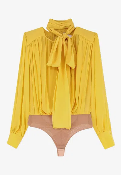 Elisabetta Franchi Silk Bodysuit Blouse With Scarf In Yellow