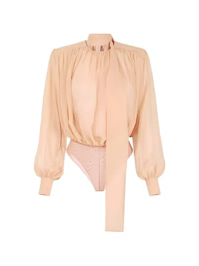 Elisabetta Franchi Silk Georgette Sash-detail Bodysuit In Brown
