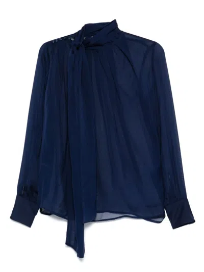 Elisabetta Franchi Silk High Neck Shirt With Bow Detail In Blue