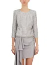 ELISABETTA FRANCHI WOMEN'S GRAY LUREX TWEED JACKET WITH SILVER METAL BUTTONS AND RHINESTONE ACCESSORIES