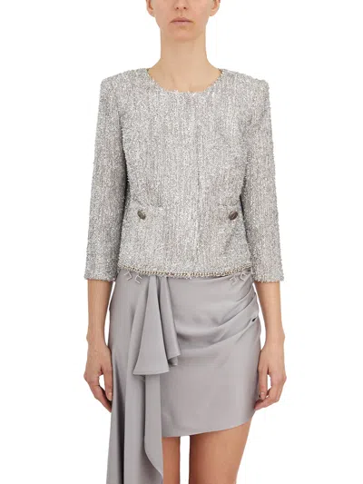 ELISABETTA FRANCHI SILVER LUREX TWEED JACKET WITH RHINESTONE ACCESSORY AND MONOGRAM SATIN LINING