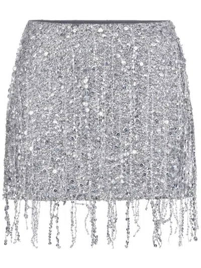 ELISABETTA FRANCHI ELISABETTA FRANCHI SILVER MINI SKIRT WITH FRINGES AND RHINESTONES