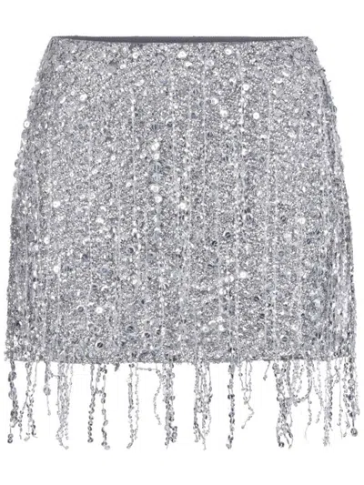 ELISABETTA FRANCHI SILVER MINI SKIRT WITH FRINGES AND RHINESTONES