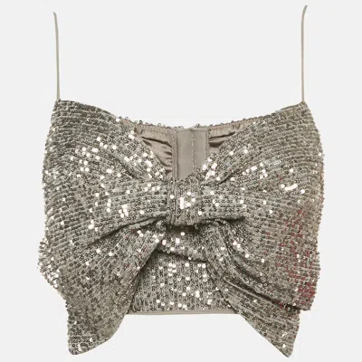 Pre-owned Elisabetta Franchi Silver Sequin Mesh Bow Detail Crop Top M