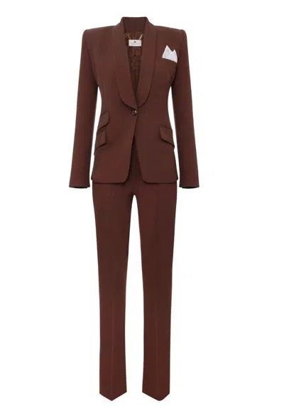 Elisabetta Franchi Single-breasted Crepe Suit With Shawl Collar In Brown