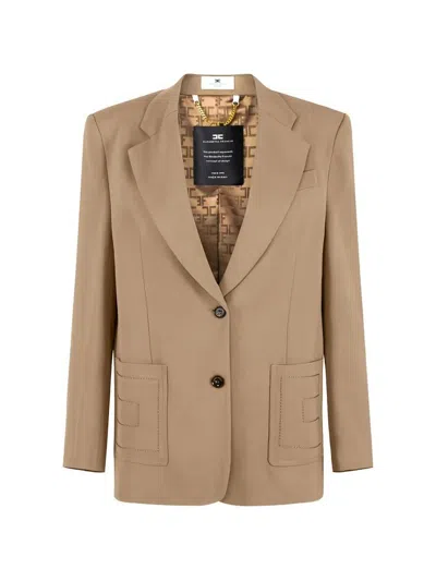 Elisabetta Franchi Single-breasted Gabardine Blazer With Embroidered Pockets Clothing In Neutral