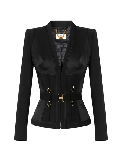 Elisabetta Franchi Belted Jacket Deep Neckline Gold Hardware In Black