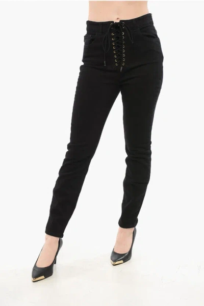 Elisabetta Franchi Skinny Fit Denims With Lace-up Detail 12cm In Black
