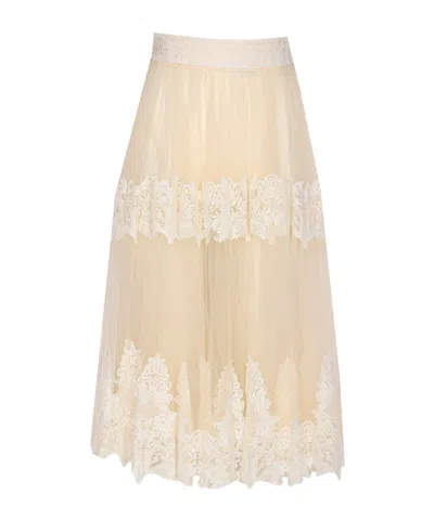 Elisabetta Franchi Skirt In Tulle Fabric With Lace Decorations In Nude