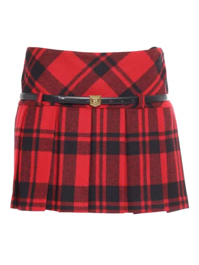 Elisabetta Franchi Tartan Belt Skirt In Red