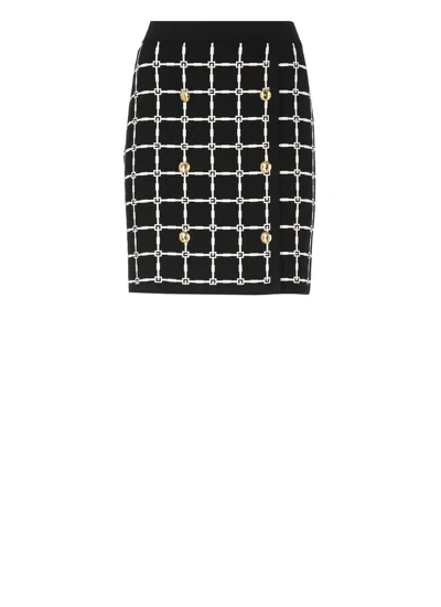 Elisabetta Franchi Minigonna Nera In Jacquard Logo Con Bottoni Dorati In Black