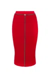 Elisabetta Franchi Textured Herringbone Midi Skirt With Chain Detail In Red