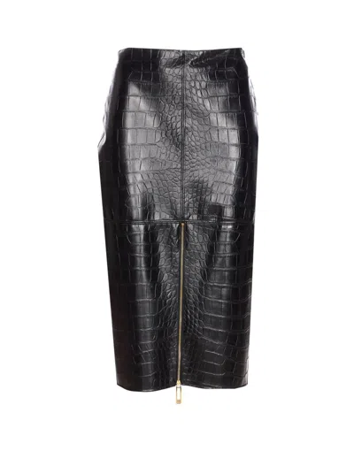 Elisabetta Franchi Crocodile Print Midi Skirt With Zip Detail In Black