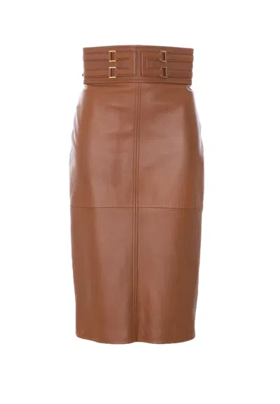Elisabetta Franchi Logo Embossed Leather Skirt In Brown