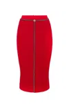 Elisabetta Franchi Textured Herringbone Midi Skirt With Chain Detail In Red