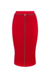 Elisabetta Franchi Textured Herringbone Midi Skirt With Chain Detail In Red