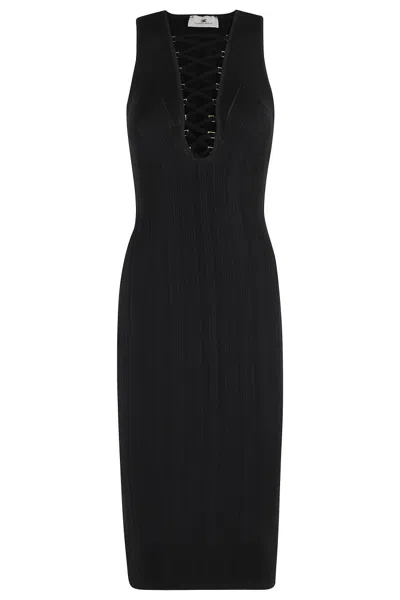 Elisabetta Franchi Sleeveless Black Midi Dress With V-neckline In Nero