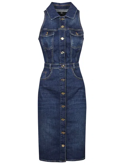 Elisabetta Franchi Denim Midi Dress With Button Placket In Blue