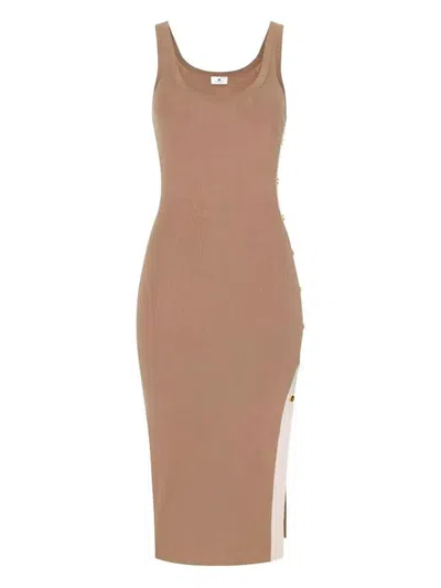 Elisabetta Franchi Sleeveless Knit Midi Dress With Shiny Viscose Bands Clothing In Brown