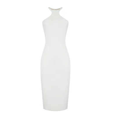 Elisabetta Franchi Form-fitting White Midi Dress With High Neckline