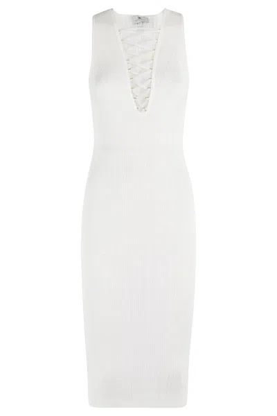 Elisabetta Franchi Ivory Stretch Knit Midi Dress With Crisscross V-neck