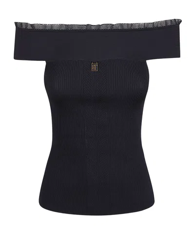 Elisabetta Franchi Off-shoulder Ribbed-knit Top In Blue