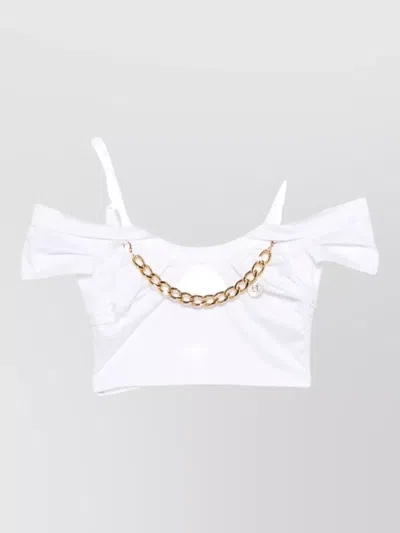 Elisabetta Franchi Sleeveless Top Off Shoulder Cropped Chain In White