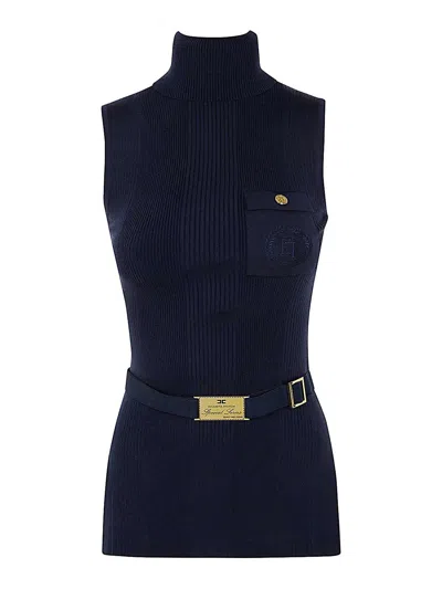 Elisabetta Franchi Logo Embroidered Narrow-ribbed Turtleneck Top In Black