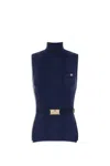 Elisabetta Franchi Logo Embroidered Narrow-ribbed Turtleneck Top In Navy
