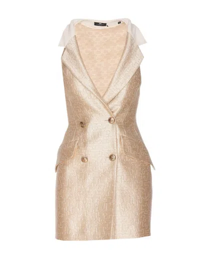 Elisabetta Franchi Sleeveless Tweed Mini Dress In Gold