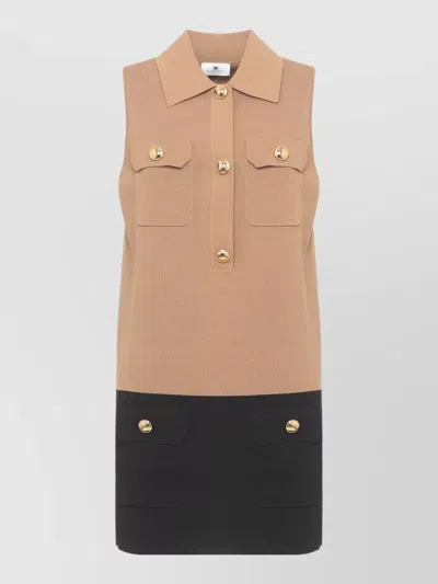 Elisabetta Franchi Sleeveless V Neck Dress Contrast Pockets In Brown