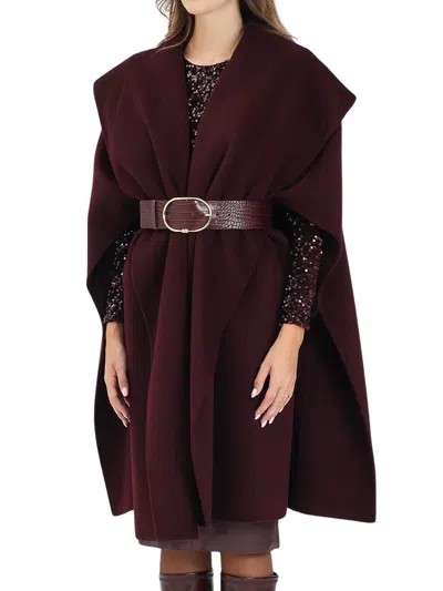 Elisabetta Franchi Sleeveless Wool Cape With Wide Collar And Textured Belt In Burgundy