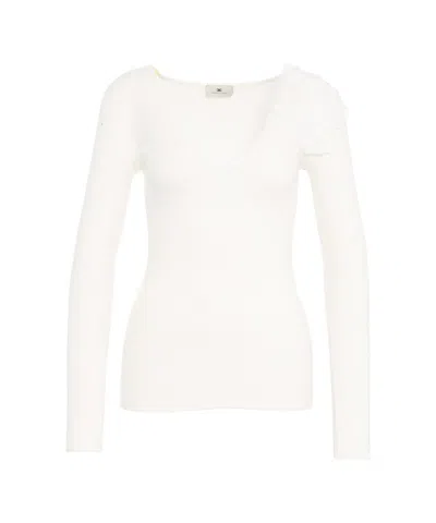 Elisabetta Franchi Slim-fit Knit Top With Floral Shoulder Detail In White