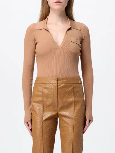 Elisabetta Franchi Slim Fit Long-sleeved V-neck Bodysuit With Ruffles In Nude