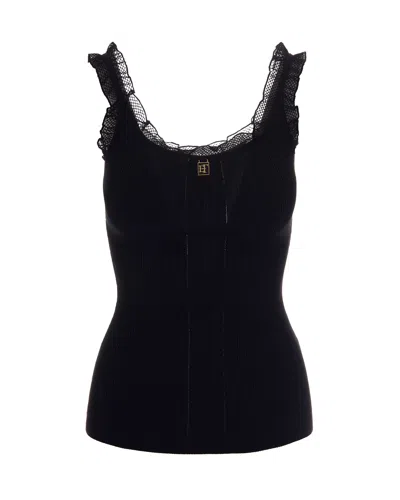 Elisabetta Franchi Slim-fit Black Knit Top With Scalloped Lace Detail