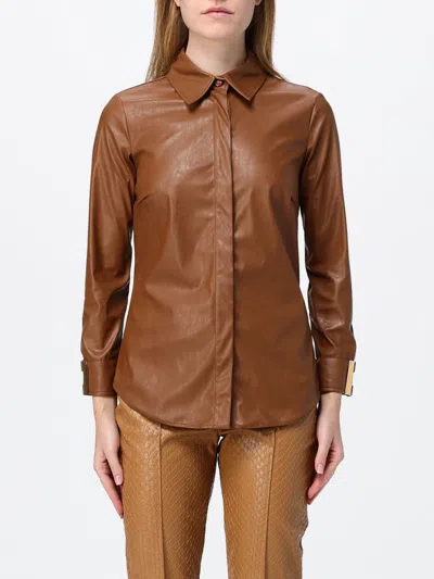 Elisabetta Franchi Slim-fit Faux Leather Shirt With Logo Detail Cuffs In Brown